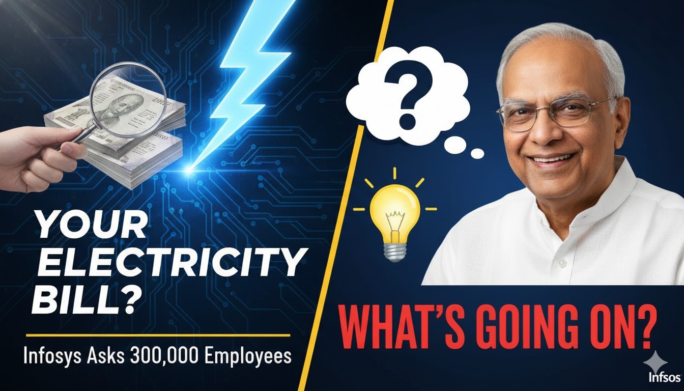 नारायण मूर्ति की इंफोसिस कंपनी का लोगो और बिजली बिल की इमेज के साथ कर्मचारी WFH सेटअप।