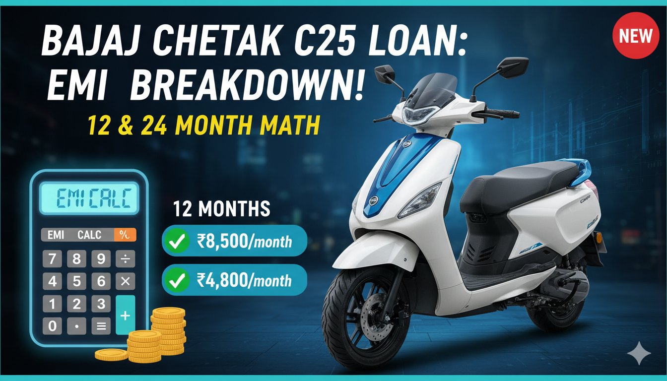 बजाज चेतक C25 इलेक्ट्रिक स्कूटर पर लोन की मासिक EMI कैलकुलेशन दिखाती इमेज