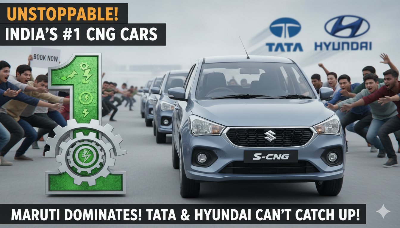 मारुति सुजुकी की लोकप्रिय CNG कार मॉडल्स की तस्वीर, जिसमें WagonR और Swift दिखाई दे रही हैं।