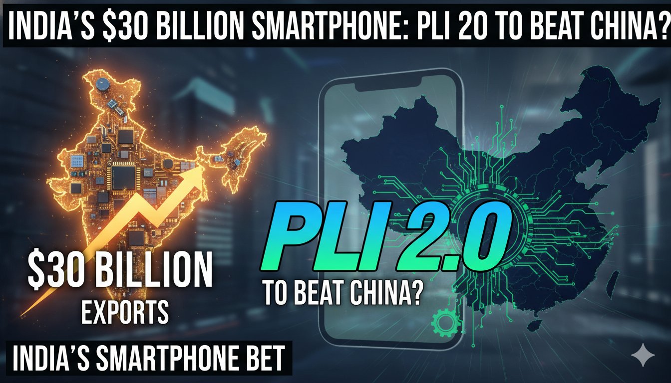 भारत में स्मार्टफोन मैन्युफैक्चरिंग और PLI 2.0 योजना का ग्राफिक, निर्यात ग्रोथ दिखाते हुए