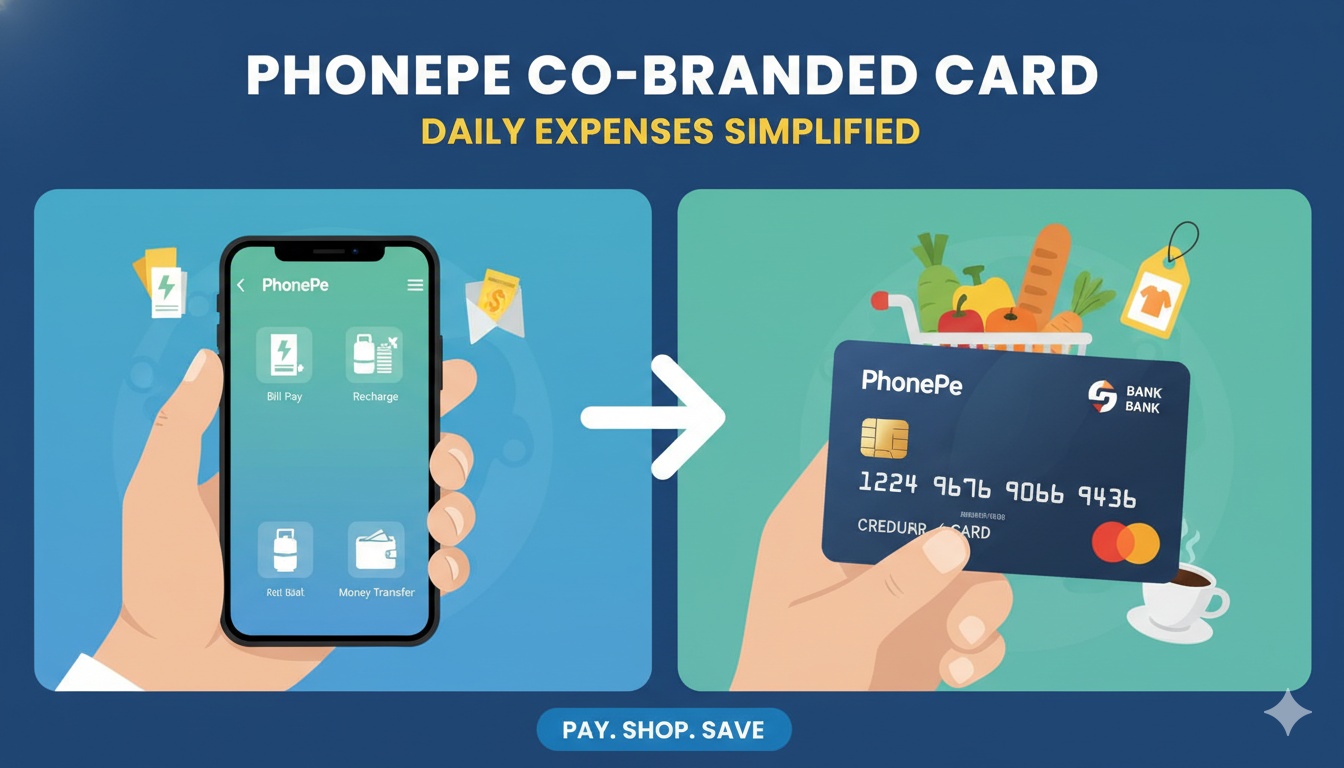 PhonePe co-branded credit card with HDFC and SBI showing rewards on bill payments and shopping