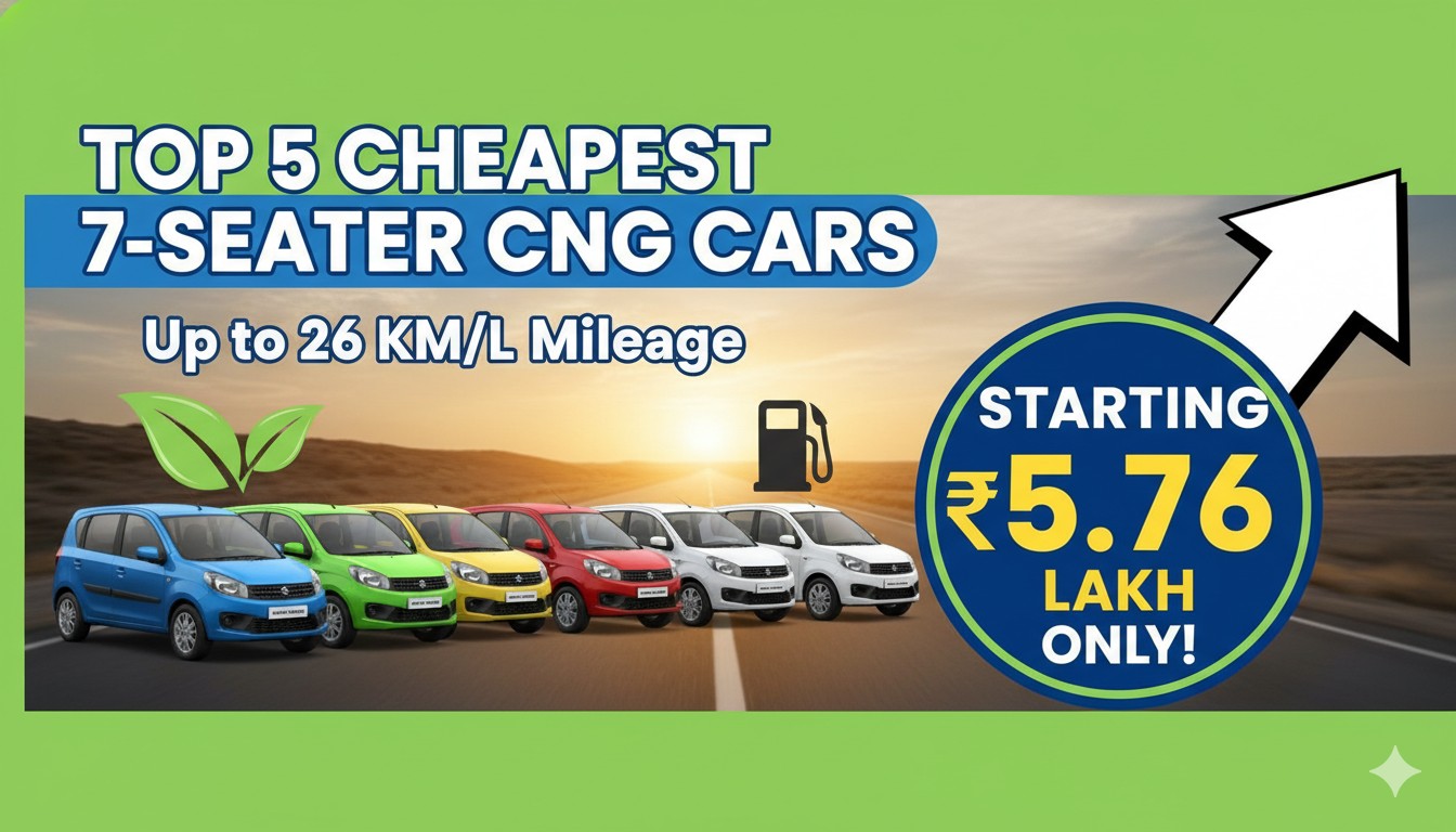 Alt Text for featured image : भारत की सबसे सस्ती 7-सीटर CNG कारें दिखाती इमेज, मारुति अर्टिगा और टोयोटा रूमियन सहित