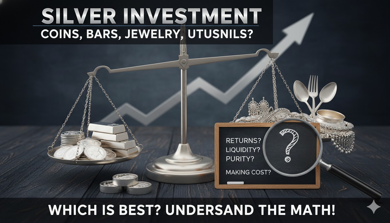 चांदी के सिक्के, बिस्किट, ज्वैलरी और बर्तन दिखाते हुए निवेश विकल्पों की तुलना वाली इमेज