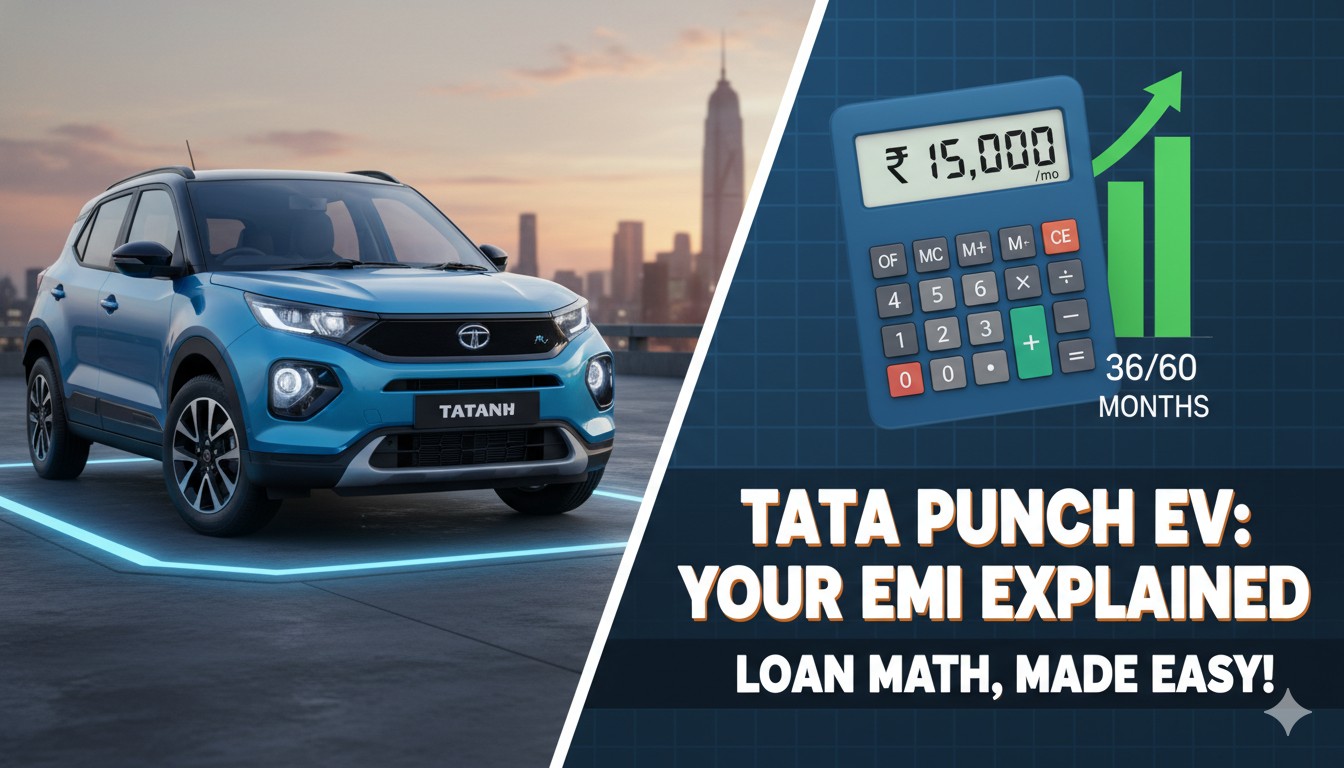 टाटा पंच ईवी फेसलिफ्ट मॉडल की फ्रंट व्यू, EMI कैलकुलेशन के साथ ग्राफिक ओवरले