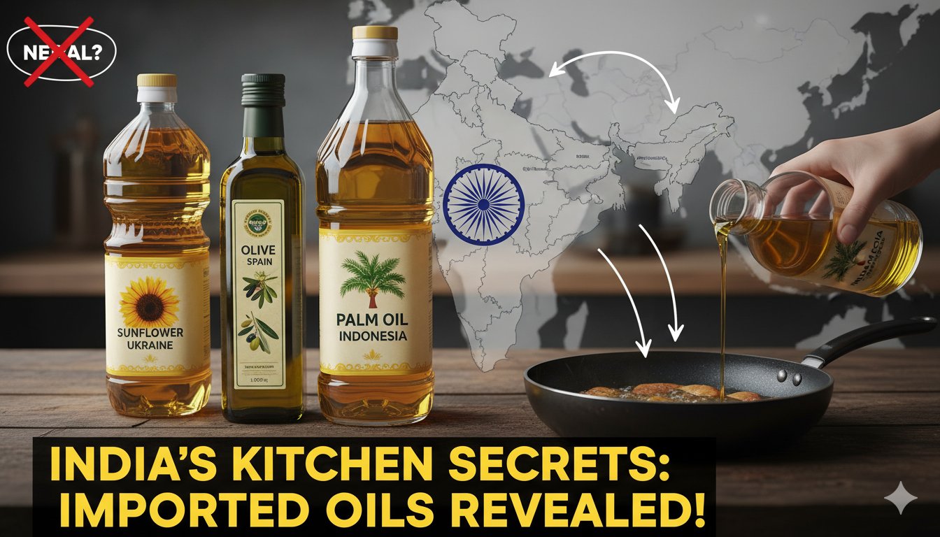 भारत में आयातित खाद्य तेलों की बोतलें और नेपाल-UAE-सऊदी अरब के तेल स्रोत दिखाता ग्राफिक