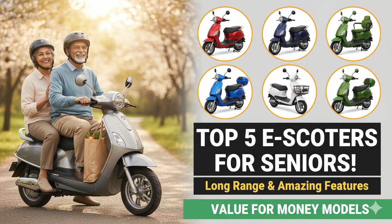 बुजुर्गों के लिए टॉप ई-स्कूटर मॉडल्स दिखाते हुए इलेक्ट्रिक स्कूटर की इमेज, आरामदायक सीट और अच्छी रेंज वाले