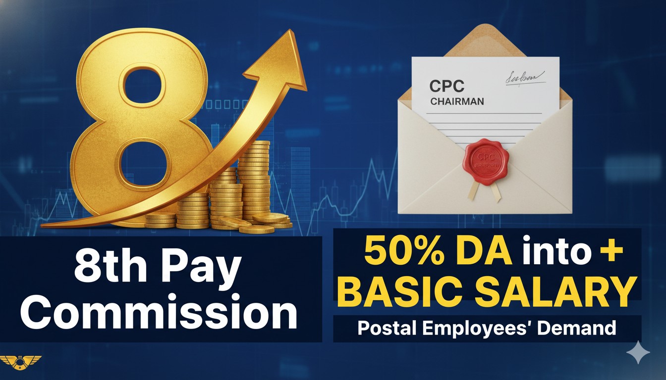 8वें वेतन आयोग और DA मर्ज की मांग को दर्शाती ग्राफिक इमेज, जिसमें DA और बेसिक पे के आइकन दिख रहे हैं