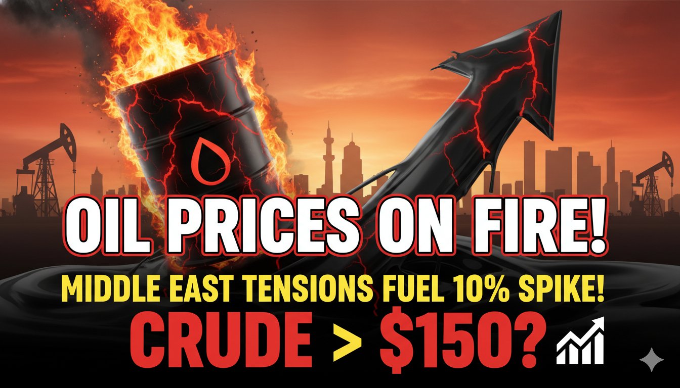 मिडिल ईस्ट तनाव के बीच कच्चे तेल की कीमतों में तेज उछाल, ब्रेंट क्रूड बैरल ग्राफ दिखाता हुआ