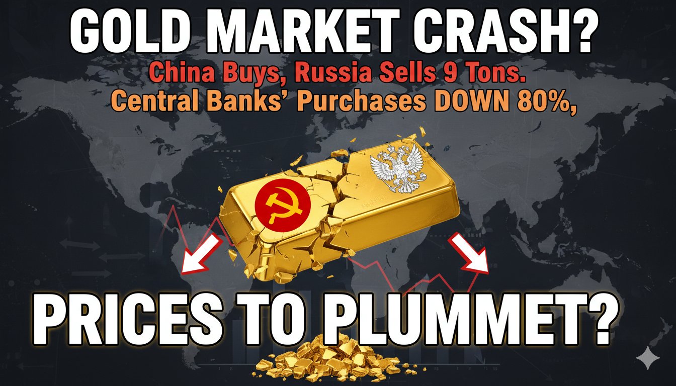 चीन और रूस के बीच सोने का व्यापार, सेंट्रल बैंक गोल्ड खरीद में गिरावट का ग्राफ दिखाते हुए