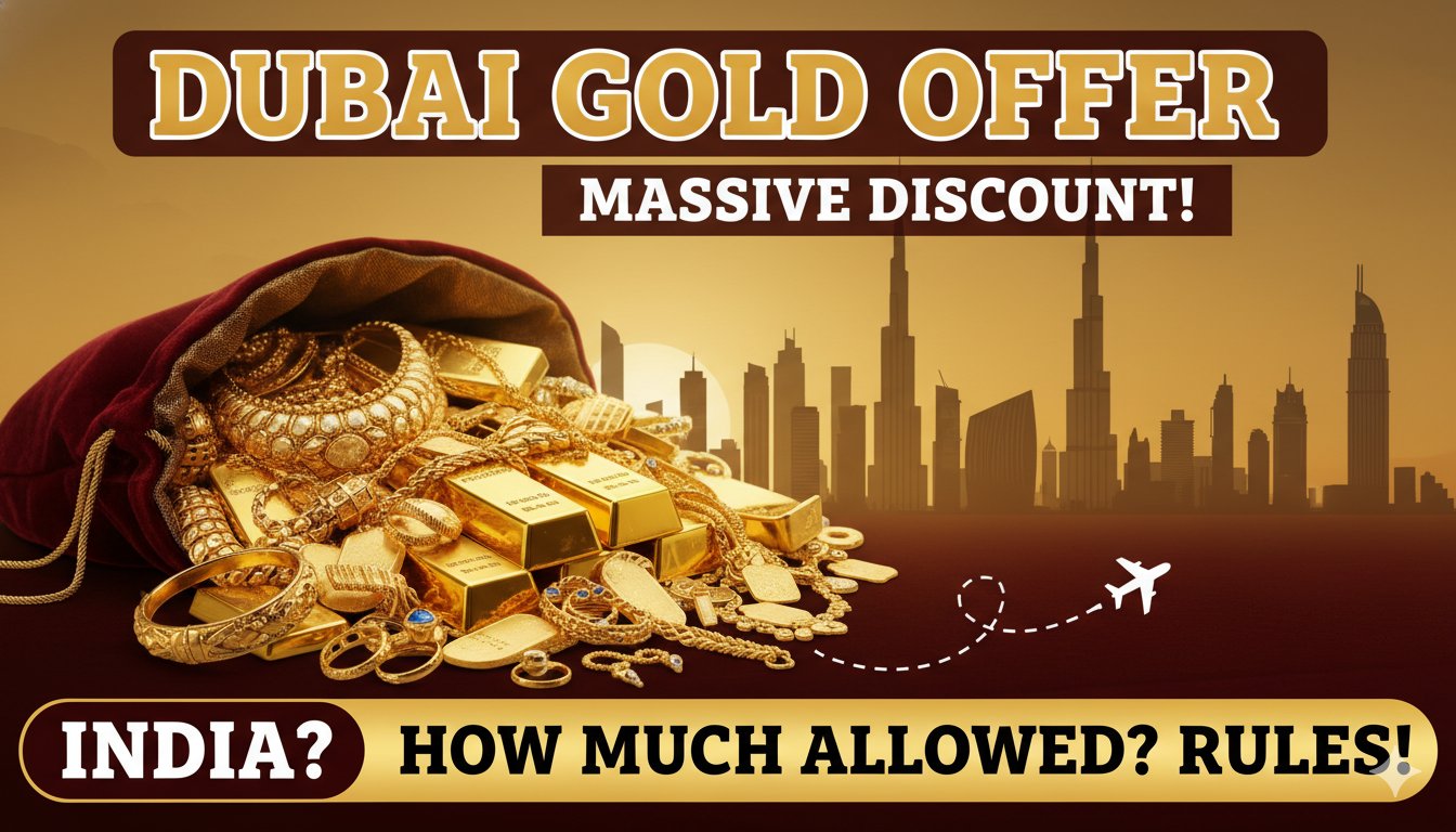 दुबई गोल्ड सूप में सोने के आभूषण और बार पर डिस्काउंट दिखाता हुआ इमेज, भारत कस्टम नियमों के साथ