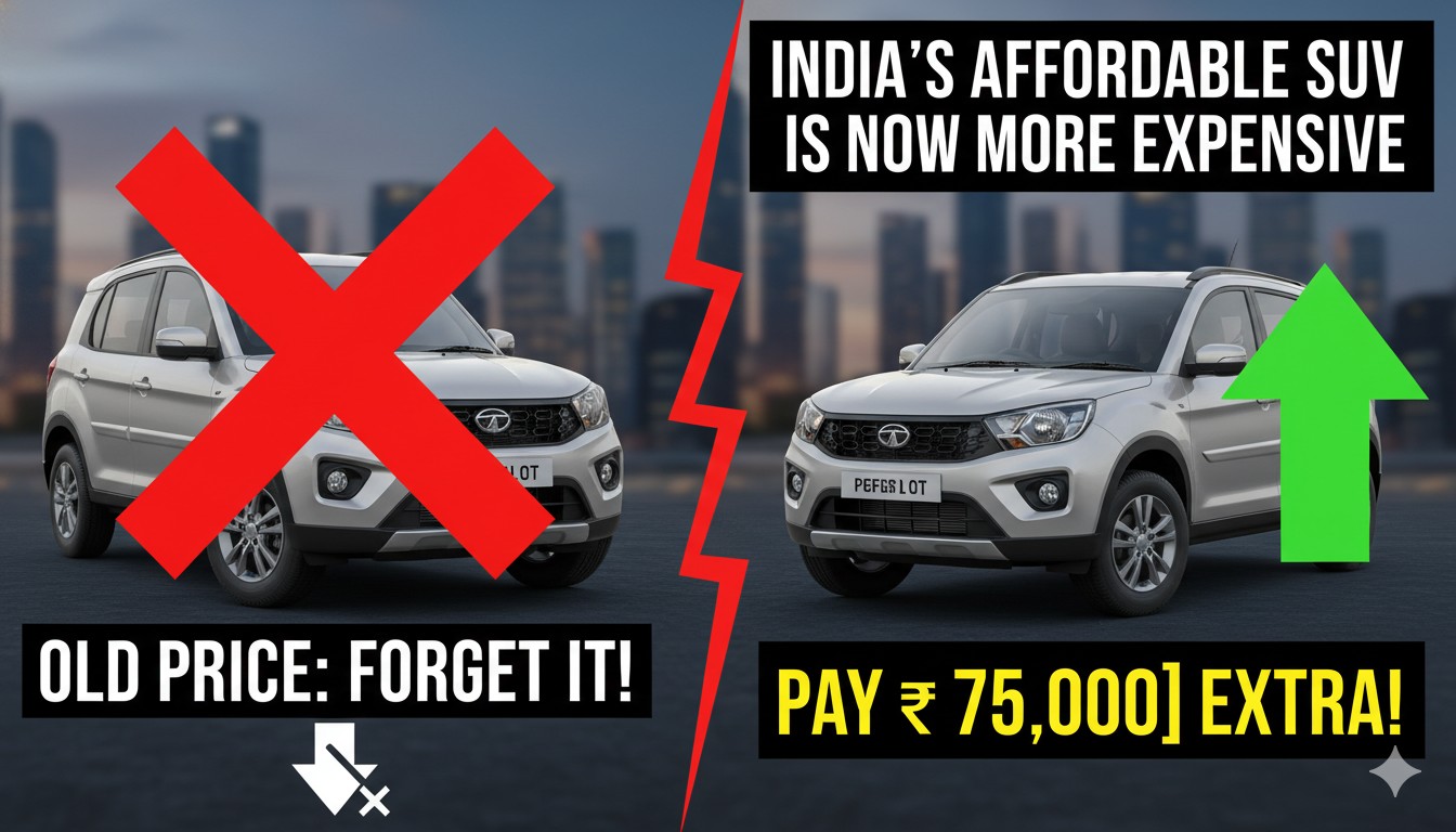 भारत में सस्ती SUVs की बढ़ी हुई कीमतें दिखाता ग्राफिक, 2026 प्राइस हाइक वाली कारें जैसे Brezza, Nexon और Venue